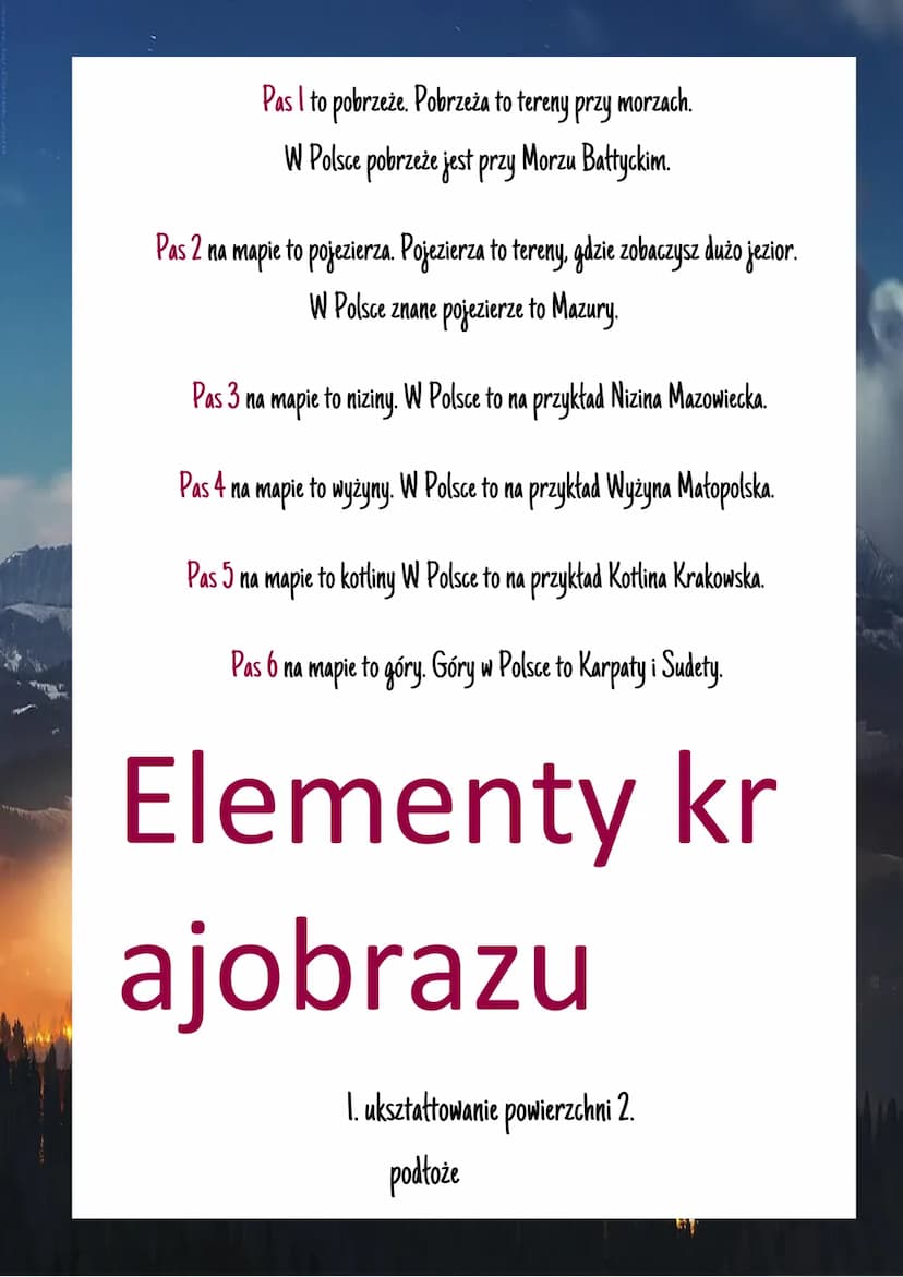Krajobraz
Polski
Krajobraz
To wycinek przestrzeni geograficznej, który wyróżniają cechy
związane z ukształtowaniem terenu, budową geologiczn