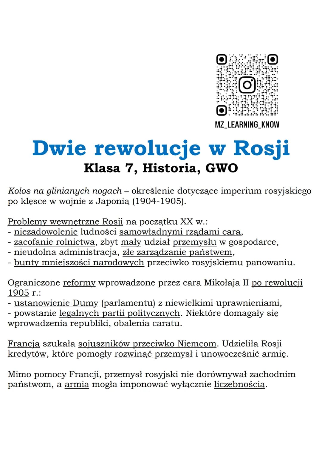 MZ_LEARNING_KNOW
Dwie rewolucje w Rosji
Klasa 7, Historia, GWO
Kolos na glinianych nogach - określenie dotyczące imperium rosyjskiego
po klę