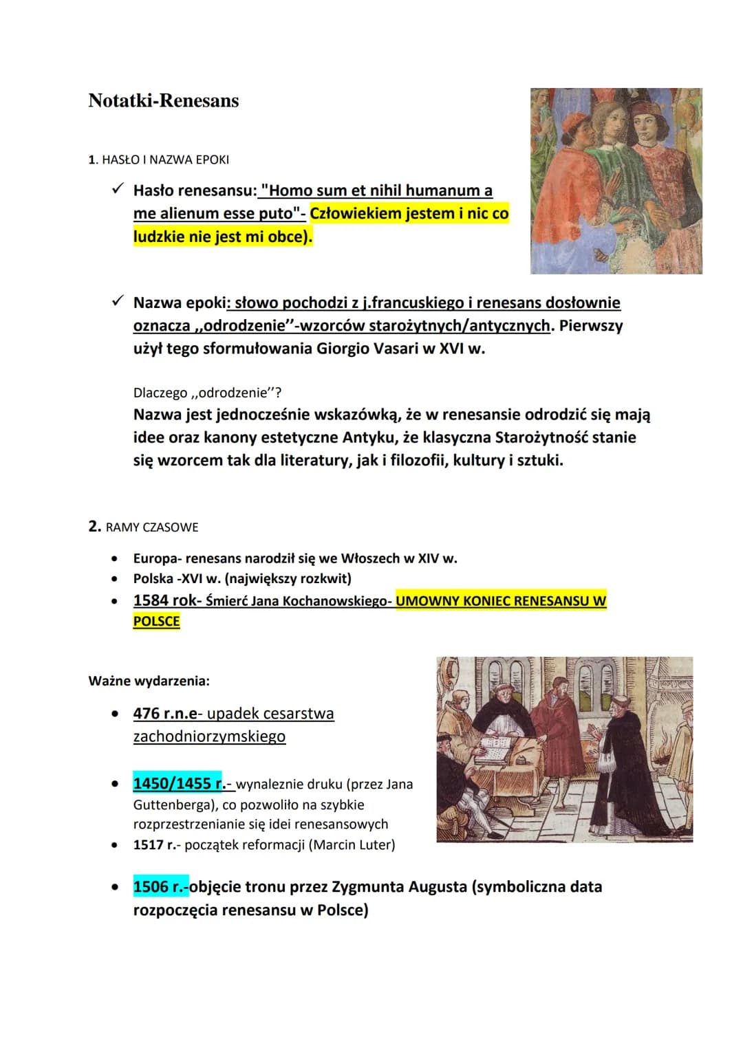 Notatki-Renesans
1. HASŁO I NAZWA EPOKI
✓ Hasło renesansu: "Homo sum et nihil humanum a
me alienum esse puto"- Człowiekiem jestem i nic co
l
