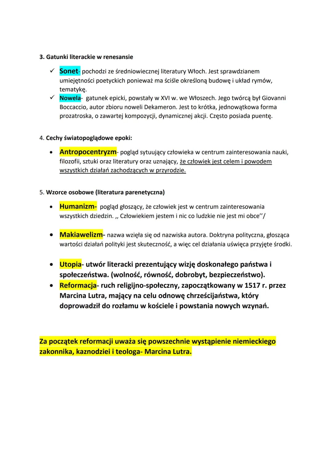 Notatki-Renesans
1. HASŁO I NAZWA EPOKI
✓ Hasło renesansu: "Homo sum et nihil humanum a
me alienum esse puto"- Człowiekiem jestem i nic co
l