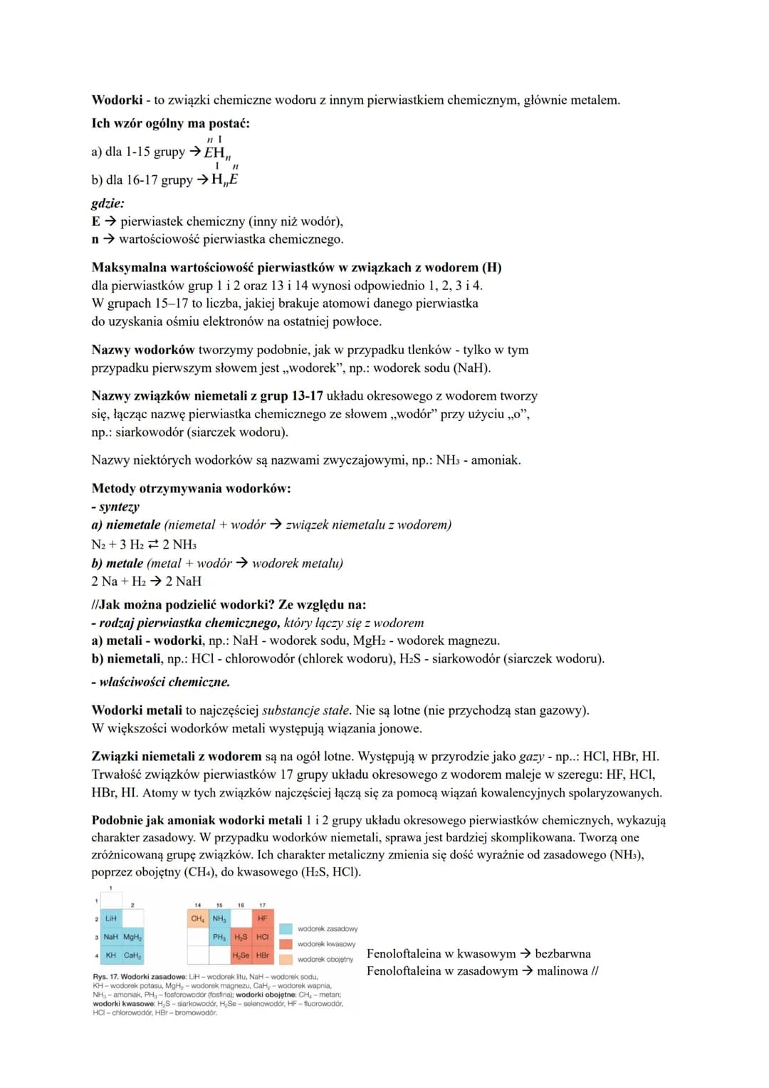 Wodorki - to związki chemiczne wodoru z innym pierwiastkiem chemicznym, głównie metalem.
Ich wzór ogólny ma postać:
n I
a) dla 1-15 grupy → 