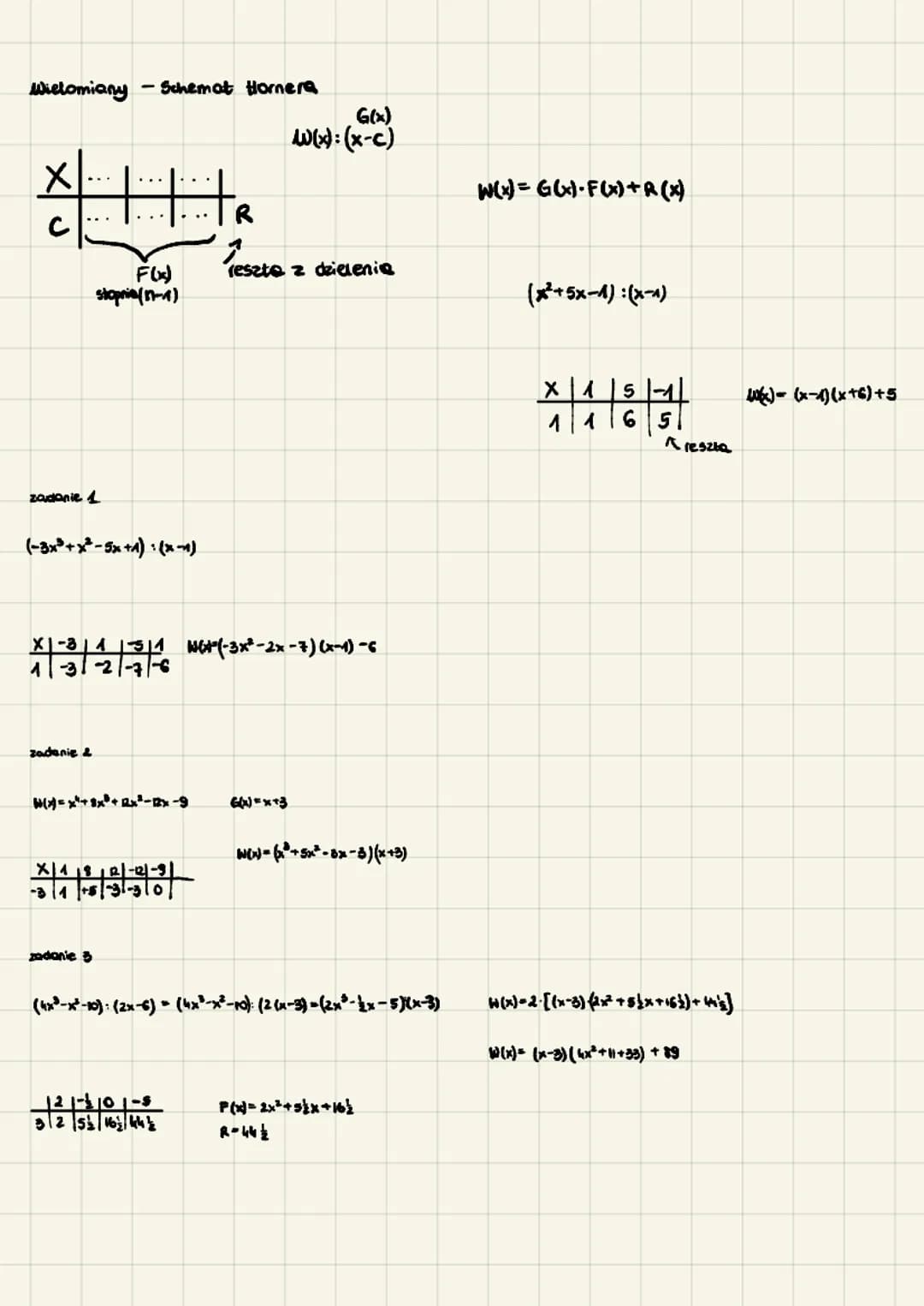 Wielomiany Schemat Hornera
X||||
с
zadanie 1
-
F(x)
stopnie (1-1)
(-3x³+x²–5x +1) • (x~^)
zadanie &
ABARA
(x)=x+3x²+x²-x-9
zadanie 3
X|1 181