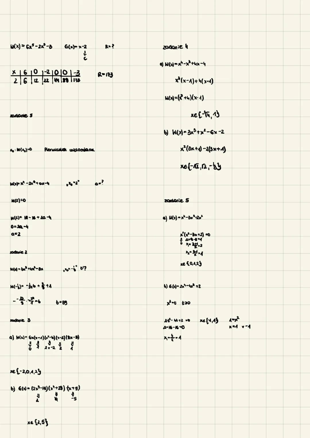 Wielomiany Schemat Hornera
X||||
с
zadanie 1
-
F(x)
stopnie (1-1)
(-3x³+x²–5x +1) • (x~^)
zadanie &
ABARA
(x)=x+3x²+x²-x-9
zadanie 3
X|1 181