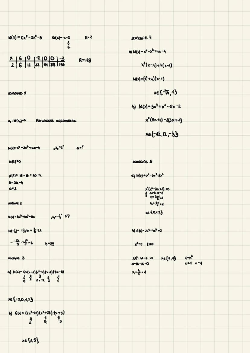 Wielomiany Schemat Hornera
X||||
с
zadanie 1
-
F(x)
stopnie (1-1)
(-3x³+x²–5x +1) • (x~^)
zadanie &
ABARA
(x)=x+3x²+x²-x-9
zadanie 3
X|1 181