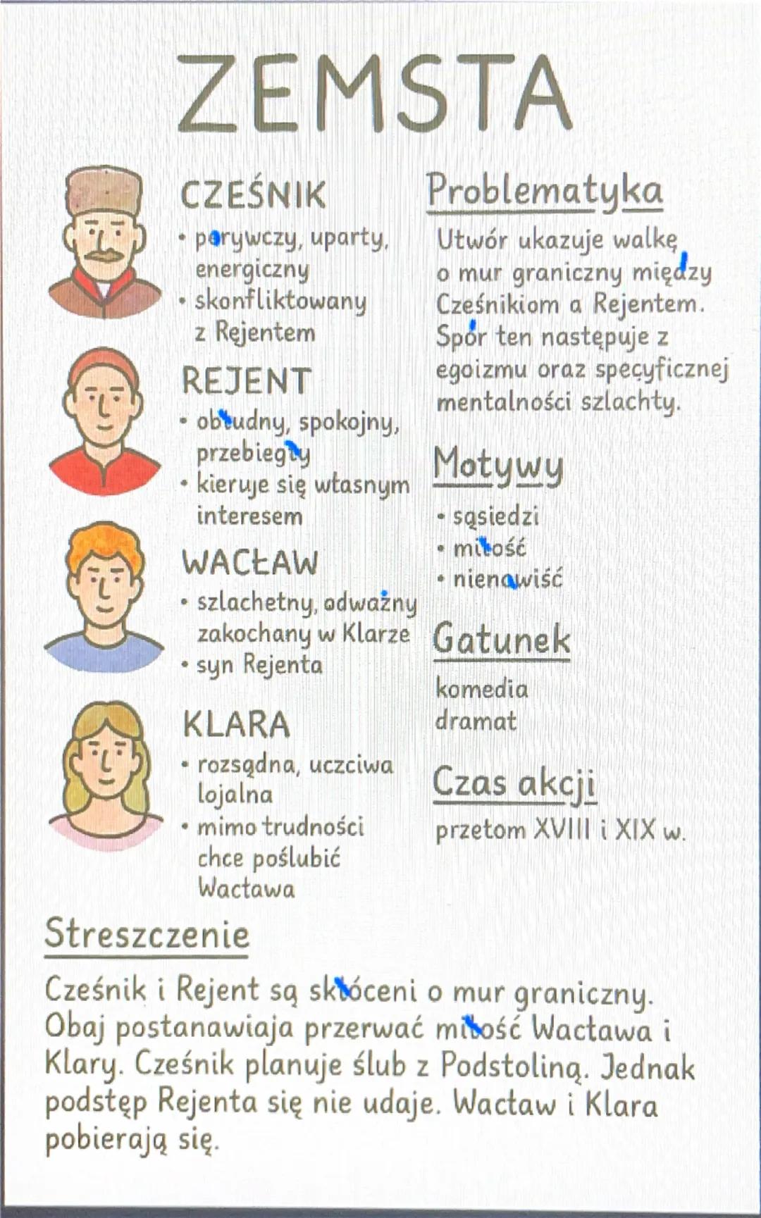 ZEMSTA

CZEŚNIK
* porywczy, uparty,
energiczny
* skonfliktowany
z Rejentem

REJENT
* obłudny, spokojny,
przebiegły
* kieruje się własnym
int