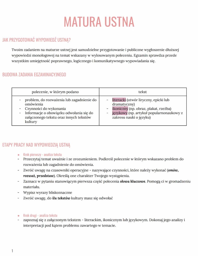 JAK PRZYGOTOWAĆ WYPOWIEDŹ USTNĄ?
Twoim zadaniem na maturze ustnej jest samodzielne przygotowanie i publiczne wygłoszenie dłuższej
wypowiedzi