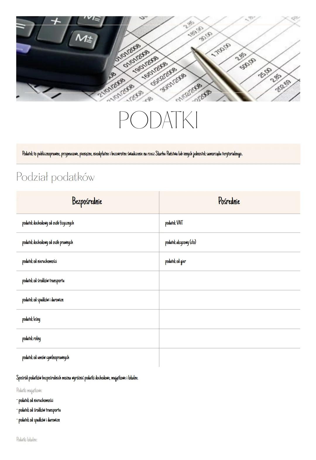 + 
VIE
M
podatek leśny
podatek rolny
podatek od umów cywilnoprawnych

Spośród podatków bezpośrednich można wyróżnić podatki dochodowe, mająt