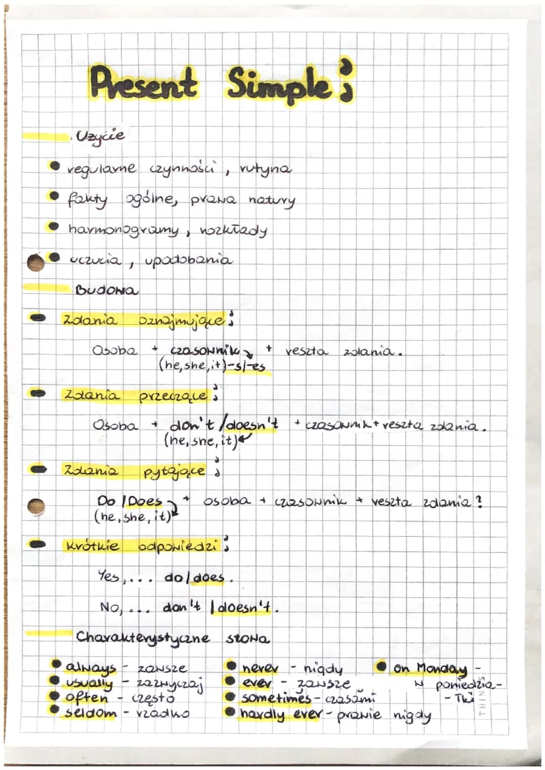 Present Simple,
Uzycie
regulame czynności, rutyna
fakty ogólne, praNa natury
harmonogramy, rozkłady
uczucia, upodobania
Budona
zdania oznajm