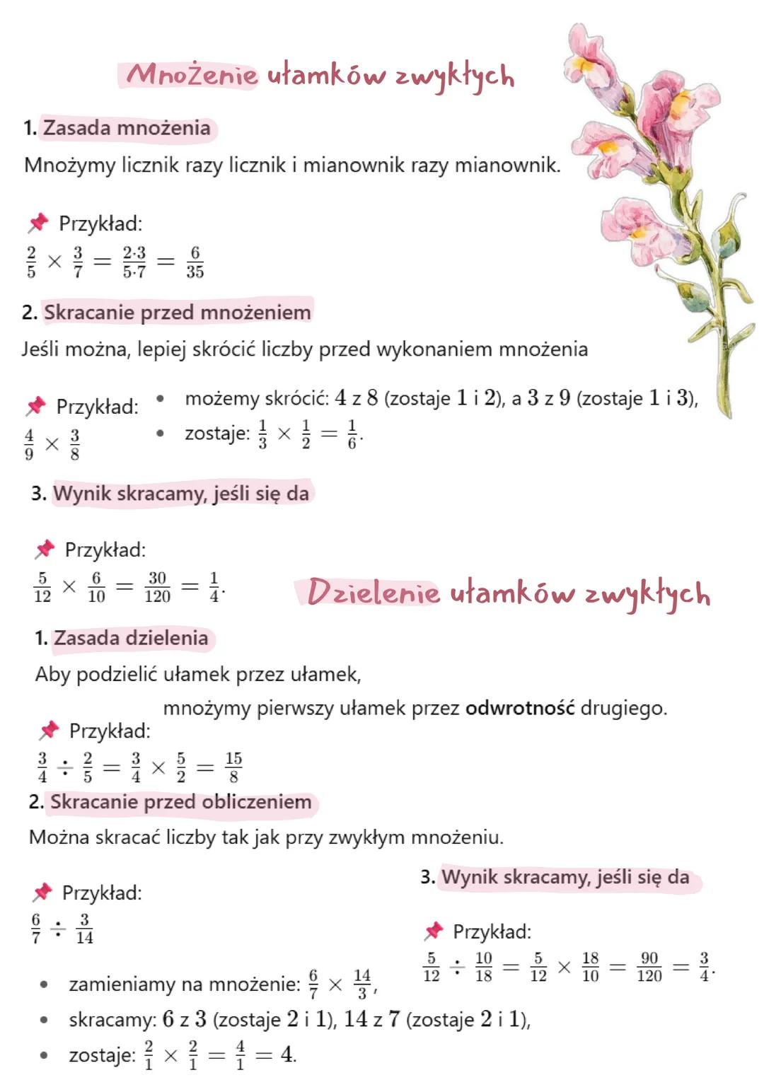 ## Matematyka

### Ułamki zwykłe

Dodawanie ułamków zwykłych zależy od tego, czy mają wspólny mianownik, czy nie.

1. Gdy mianowniki są taki