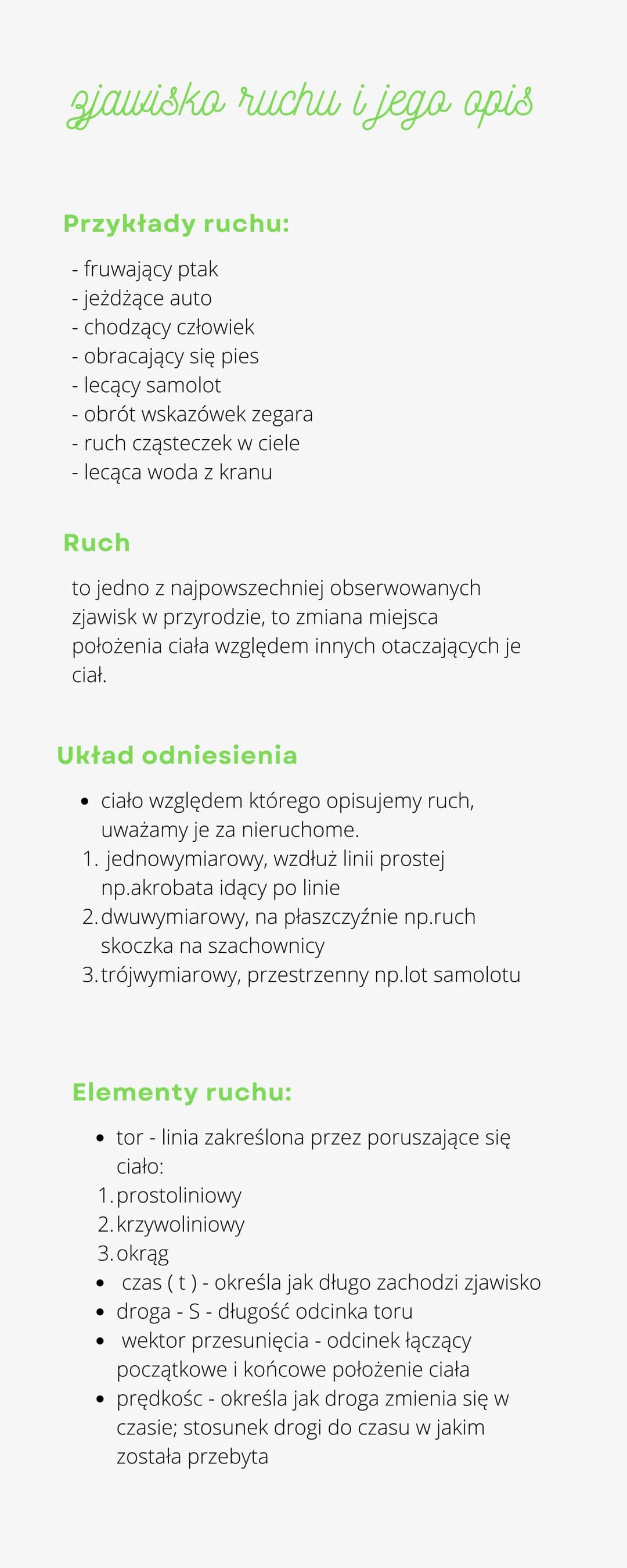 zjawisko ruchu i jego opis
Przykłady ruchu:
- fruwający ptak
- jeżdżące auto
- chodzący człowiek
- obracający się pies
- lecący samolot
- ob