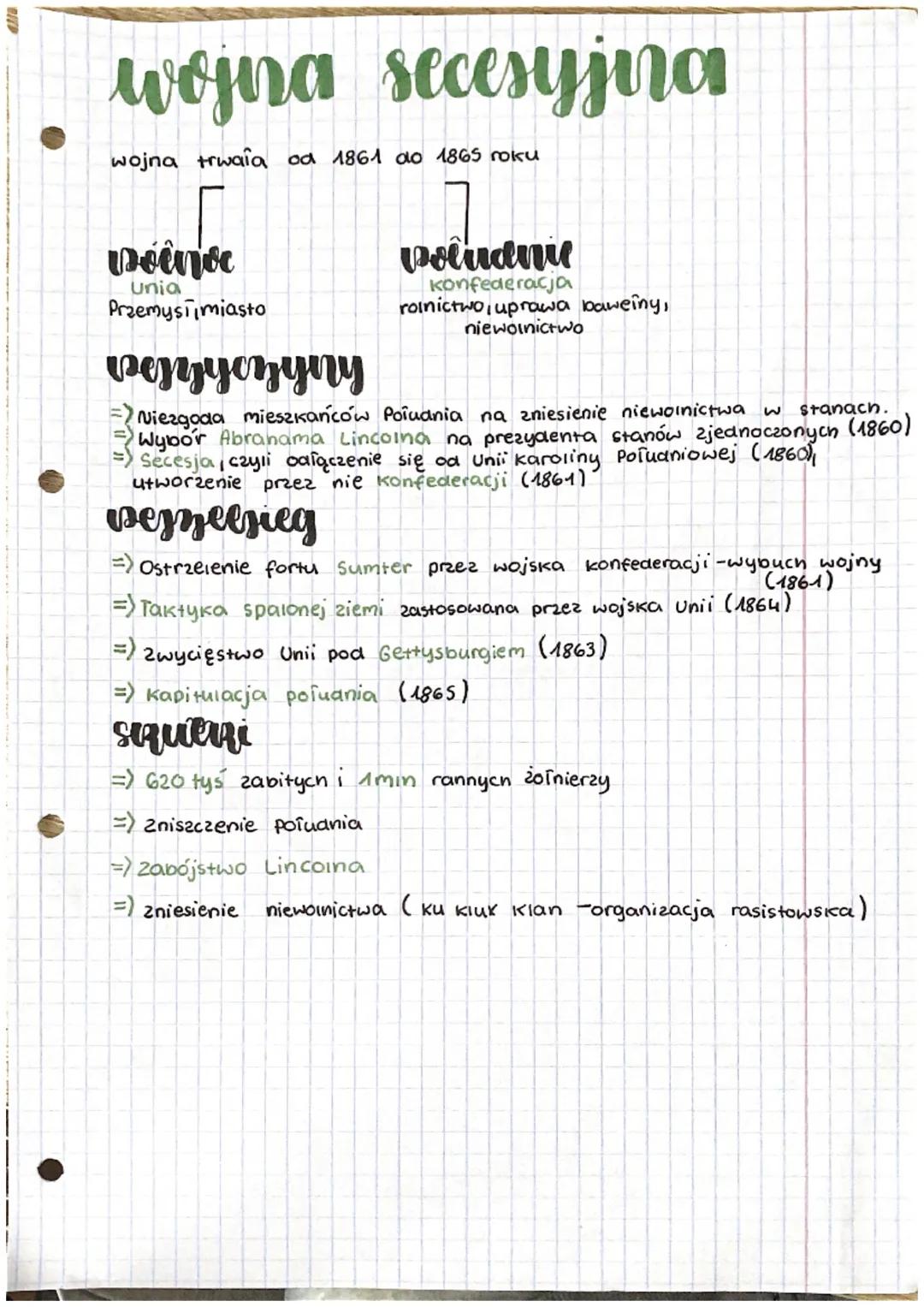 # wojna secesyjuna

wojna trwala σα 1861 το 1865 поки

poênoe
Unia
Przemysł miasto

voludnie
Konfederacja
rolnictwo, uprawa baweiny,
niewoln