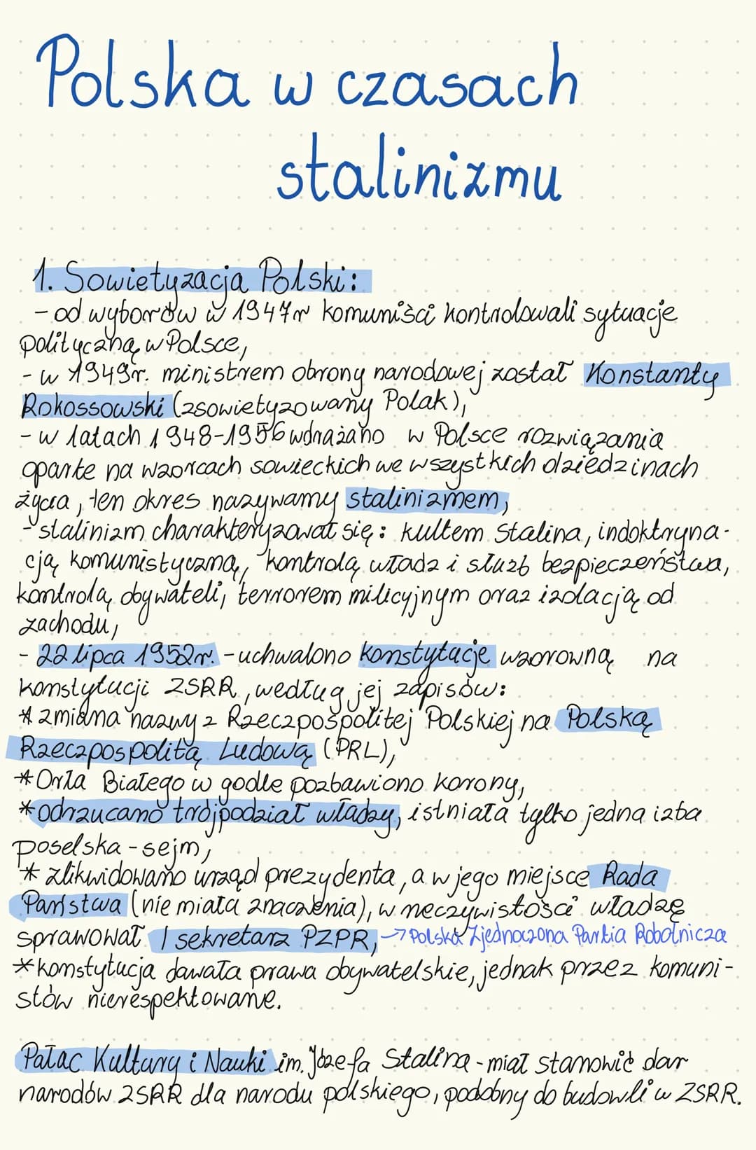Polska w czasach
stalinizmu
1. Sowietyzacja Polski:
- od wyborow w 1944m komuniści kontrolowali sytuacje
polityczną w Polsce,
- w 1949r. min