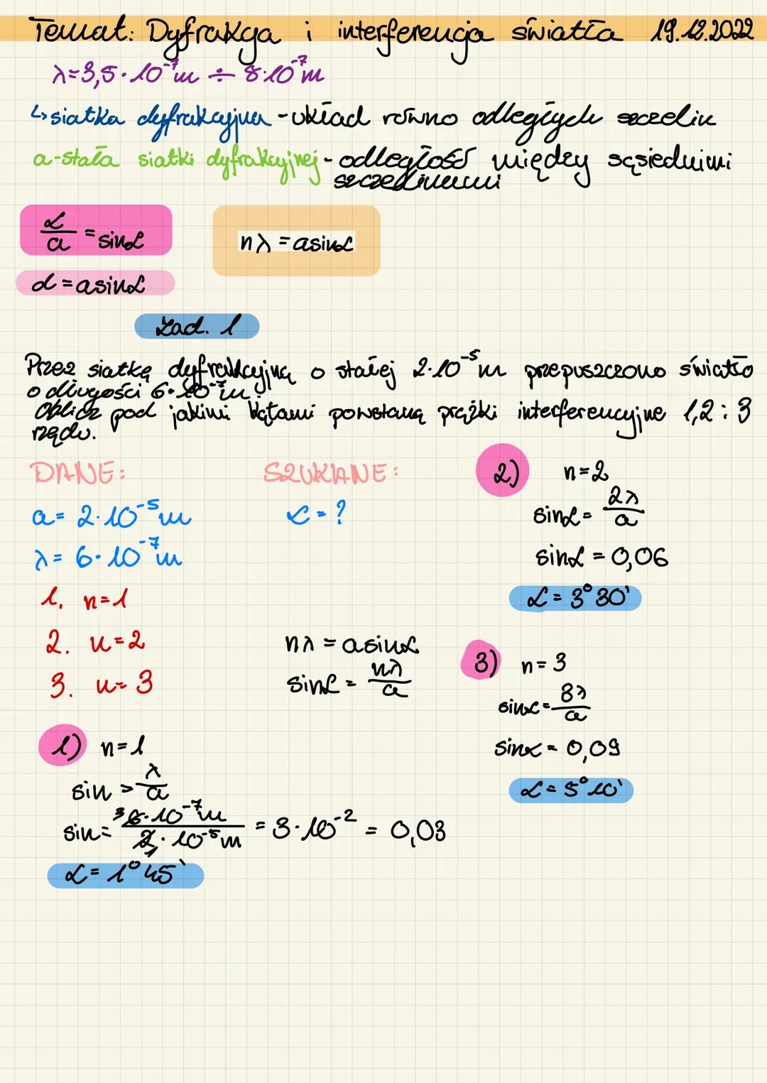 Temat: Dyfraxga i interferencia światła 19.12.2022
λ=3,5·10m ÷ 8·10m
↳siatka cyfrakcyjjua -układ rowno odległych seczelin
a-stała siatki dyf