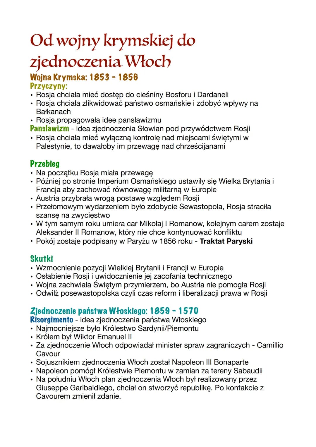 Od wojny krymskiej do
zjednoczenia Włoch
Wojna Krymska: 1853-1856
Przyczyny:
•
.
•
Rosja chciała mieć dostęp do cieśniny Bosforu i Dardaneli
