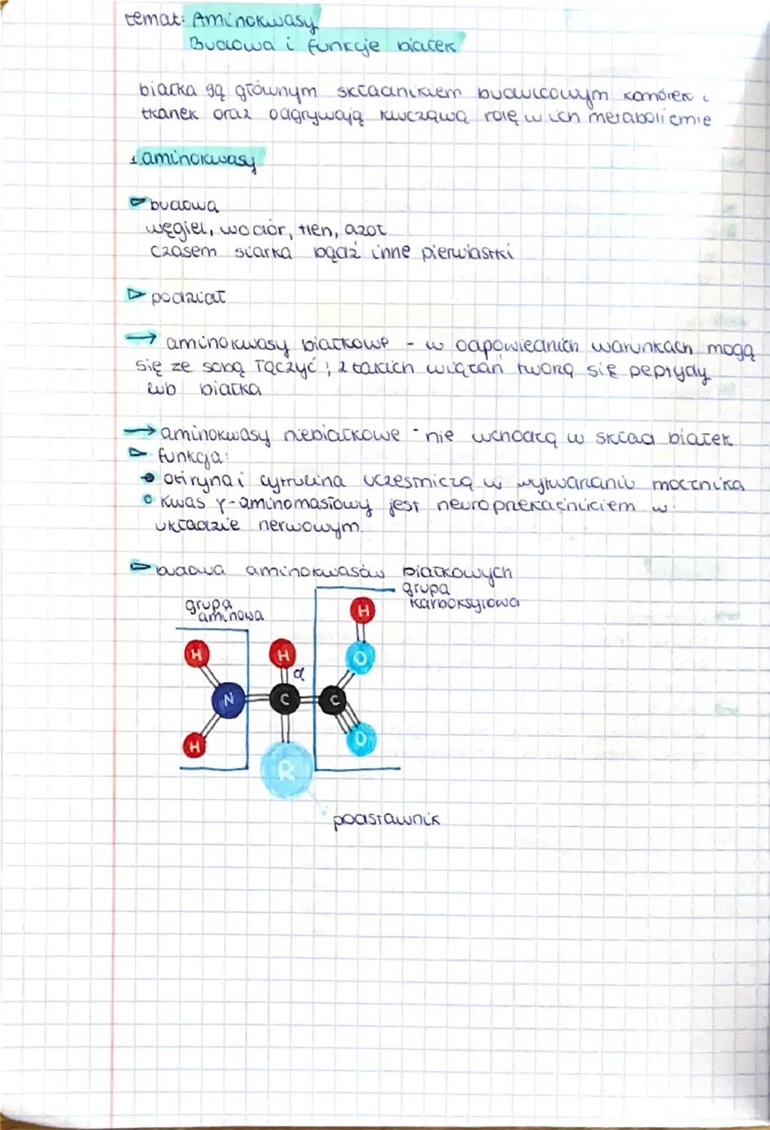 temat: Aminokwasy
Budowa i funkcje biacek
biacka są głównym składnikiem budicouym kompres
tkanek oraz odgrywają kluczqwą rolę wich metabolie