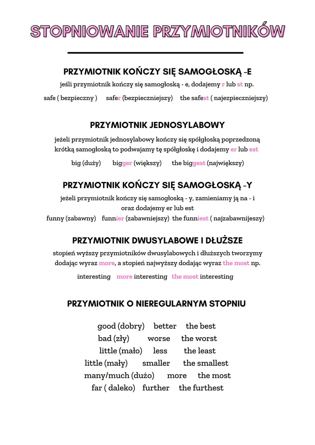 STOPNIOWANIE PRZYMIOTNIKÓW
PRZYMIOTNIK KOŃCZY SIĘ SAMOGŁOSKĄ -E
jeśli przymiotnik kończy się samogłoską - e, dodajemy r lub st np.
safe (bez