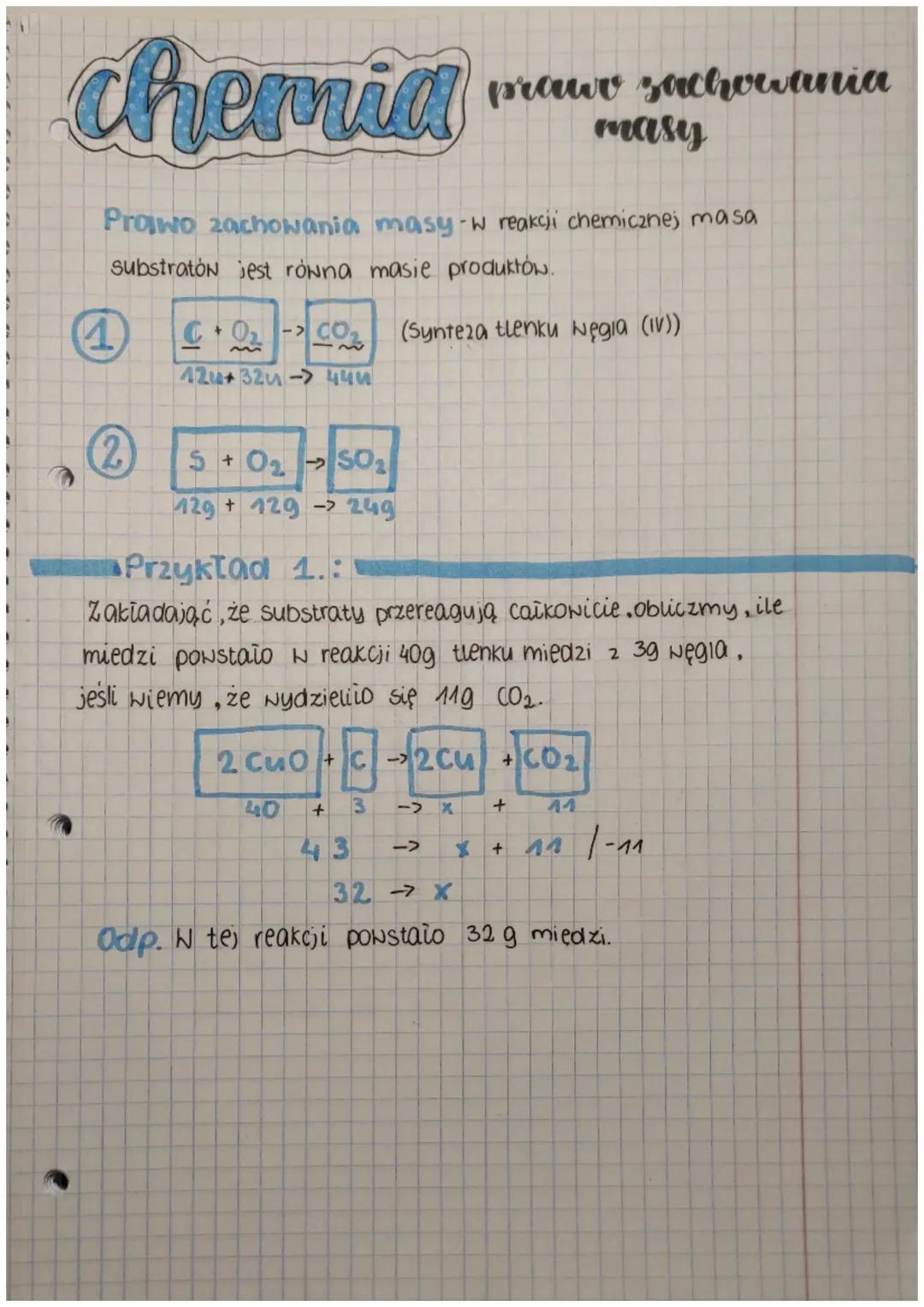 # chemia

prawe zachowania
masy

Prawo zachowania masy-w reakcji chemicznej masa
substratón jest równa masie produktów.

①

+ 

->

(Synteza