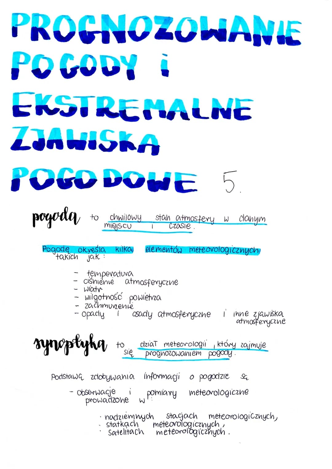 PROGNOZOWANIE
POGODY i
EKSTREMALNE
ZJAWISKA
POGO DOWE 5.
pogoda
to
1
chwilowy stan atmosfery w clanym
miejscu
1
Pogodę określa kilka element