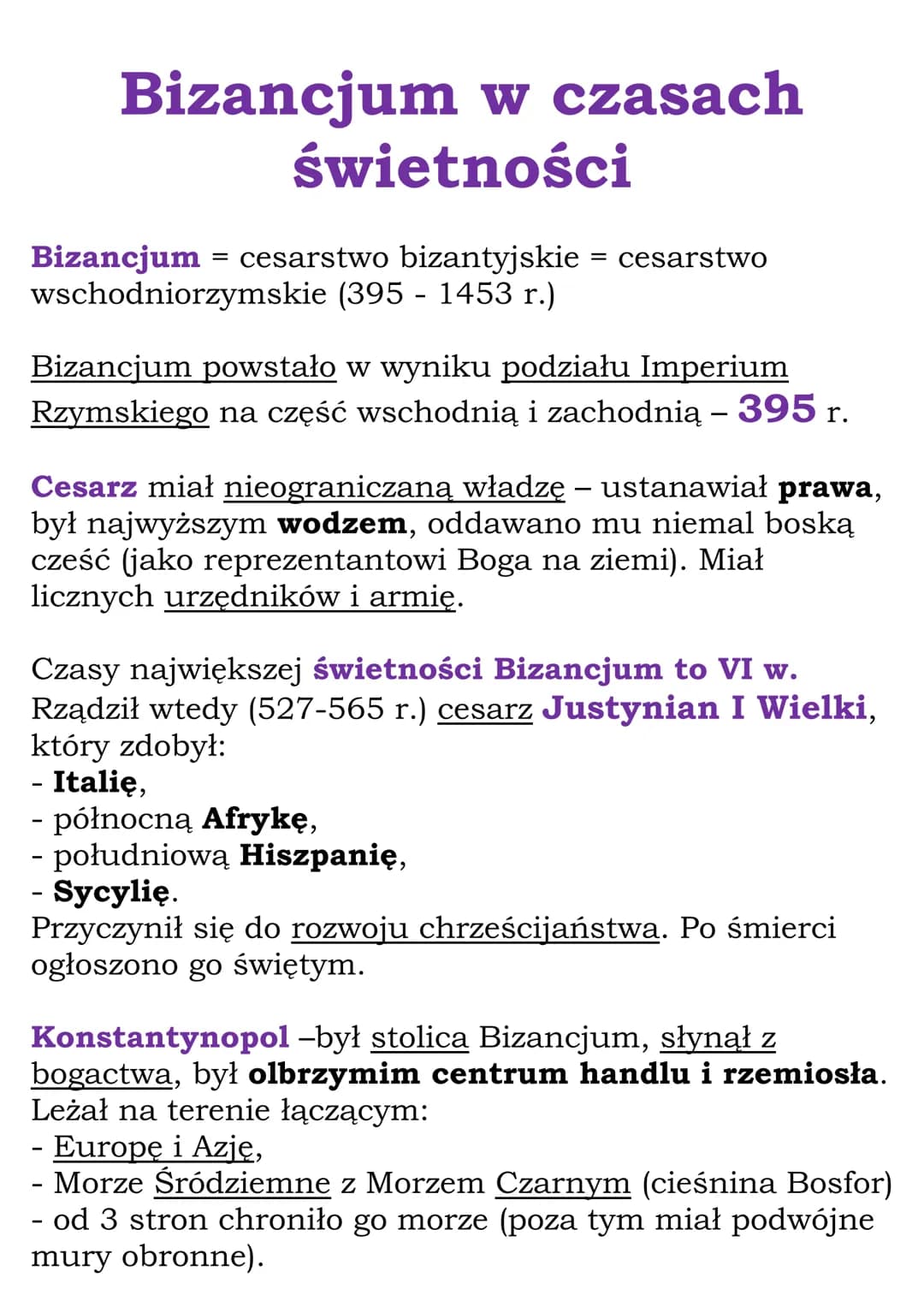 Bizancjum w czasach
świetności
Bizancjum = cesarstwo bizantyjskie = cesarstwo
wschodniorzymskie (395- 1453 r.)
Bizancjum powstało w wyniku p