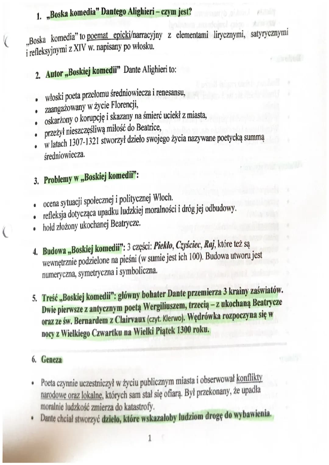 1. „Boska komedia" Dantego Alighieri - czym jest?
K
„Boska komedia" to poemat epicki/narracyjny z elementami lirycznymi, satyrycznymi
i refl