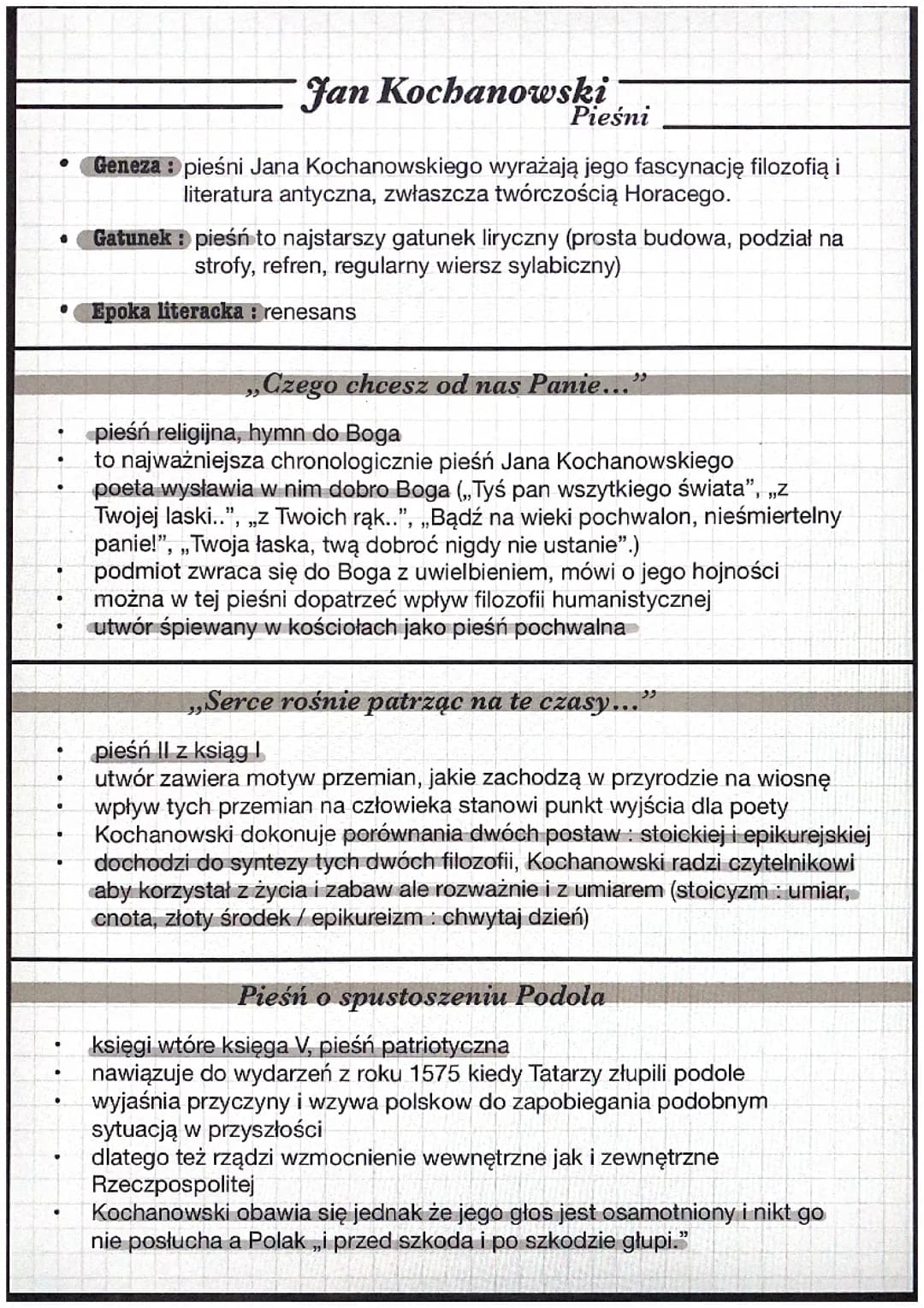 Pieśni Jan Kochanowski renesans 