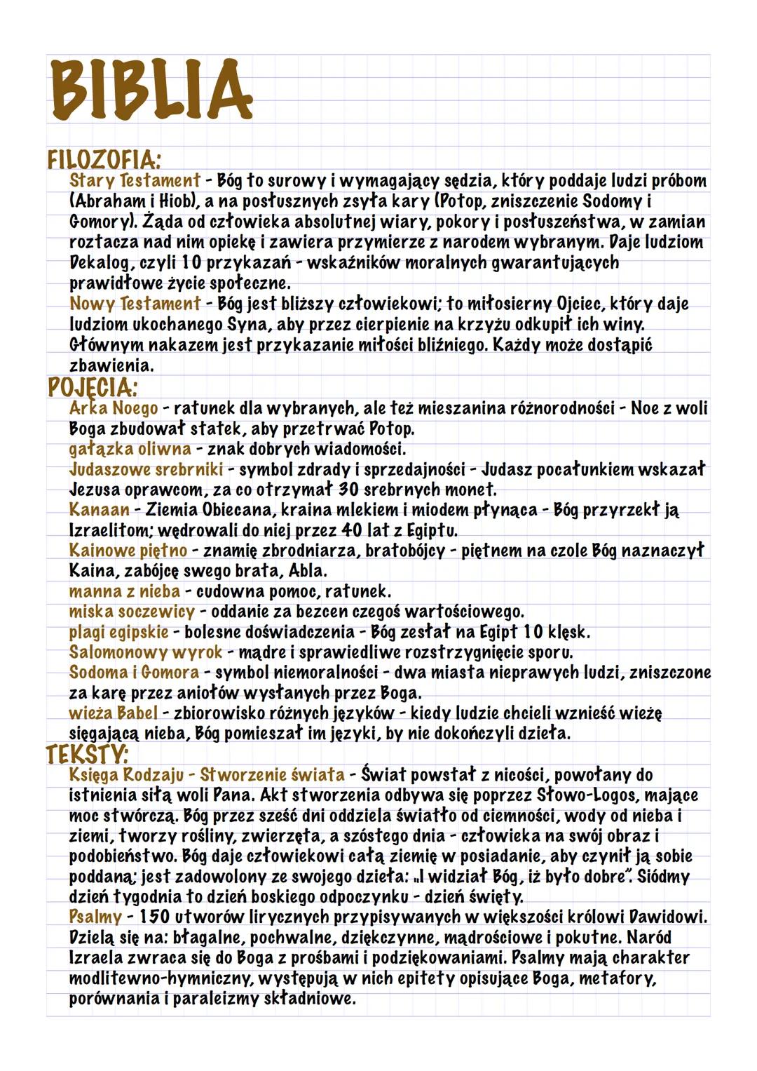 # BIBLIA

FILOZOFIA:
Stary Testament - Bóg to surowy i wymagający sędzia, który poddaje ludzi próbom
(Abraham i Hiob), a na posłusznych zsył