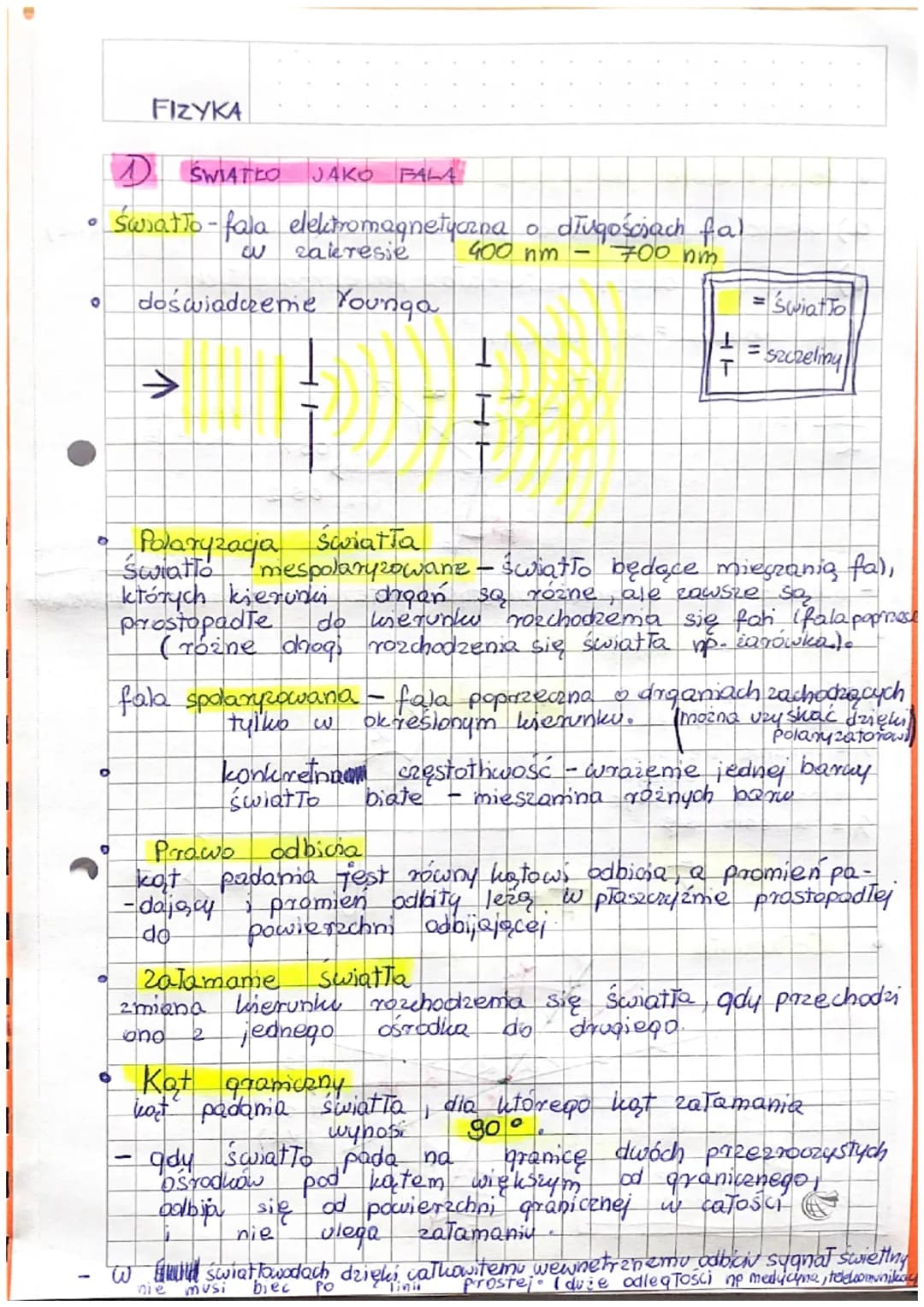 0
FIZYKA
1 ŚWIATŁO JAKO FALA
Śwatto-fala elektromagnetyczna o długościach fal
400 nm
700 nm
zakresie
O doświadczeme Youngo
↑
+
Polaryzacja
ś