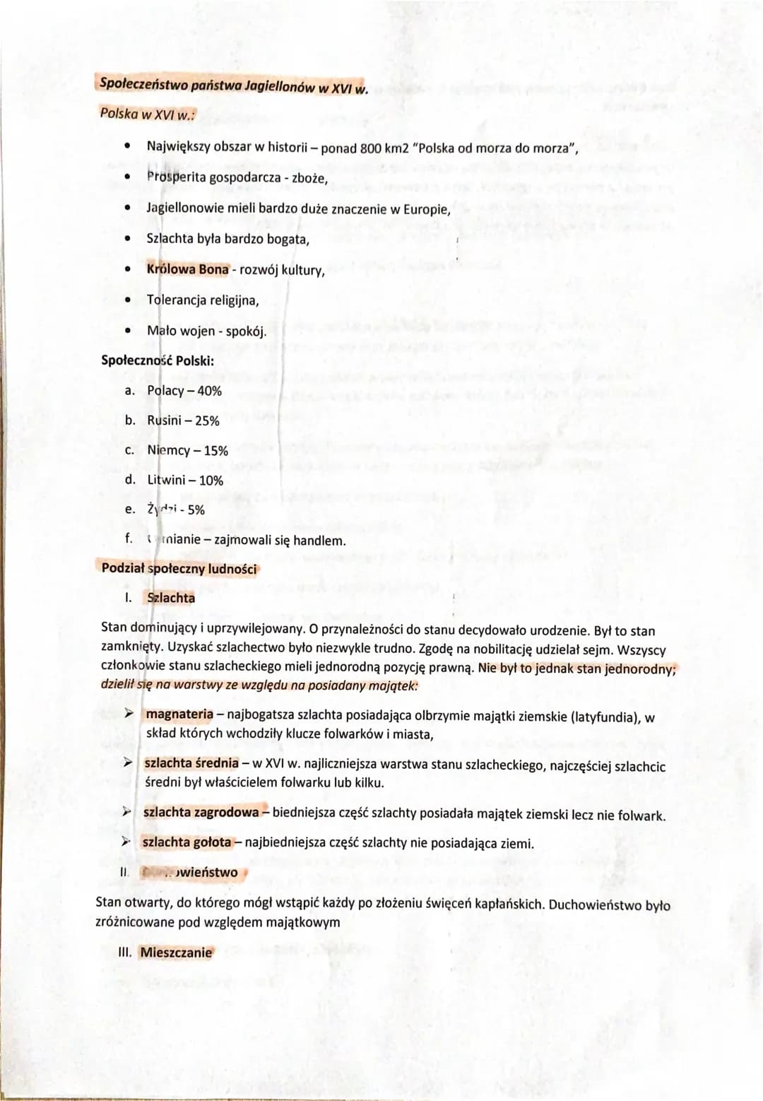 Społeczeństwo państwa Jagiellonów w XVI w.
Polska w XVI w.:
●
●
●
●
● Tolerancja religijna,
Mało wojen-spokój.
●
Największy obszar w histori