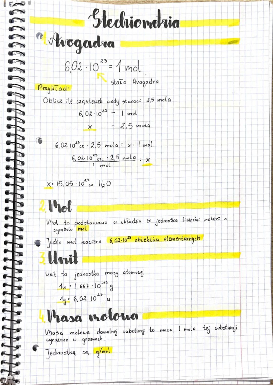 Stechiometria
Avogadra
23
6.02 · 10th = 1 mol
Przykład:
stała Avogadra
Oblicz ile cząsteczek wody stanow: 2.5 mola
602-1023
I mol
X
-
2.5 mo