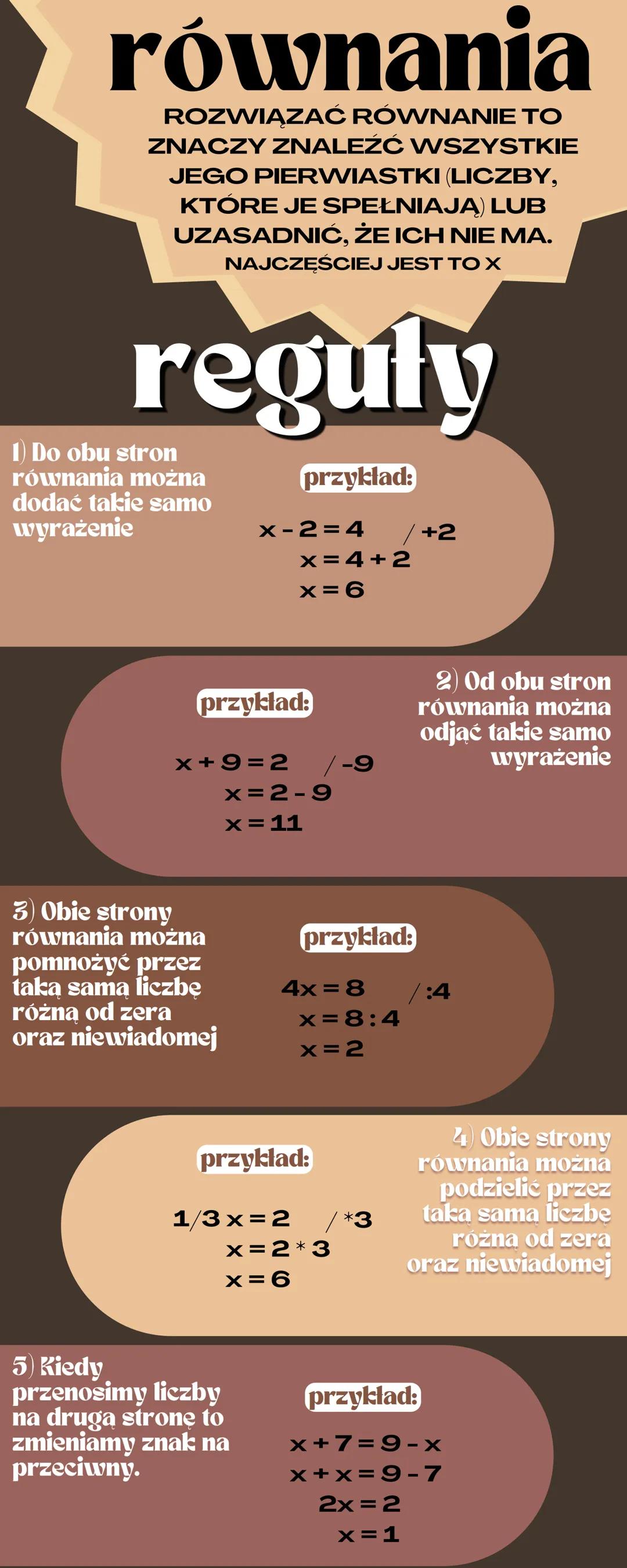 # równania
ROZWIĄZAĆ RÓWNANIE TO
ZNACZY ZNALEŹĆ WSZYSTKIE
JEGO PIERWIASTKI (LICZBY,
KTÓRE JE SPEŁNIAJĄ) LUB
UZASADNIĆ, ŻE ICH NIE MA.
NAJCZĘ