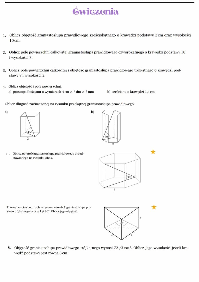 # Pole powierzchni i objętość
# graniastostupa
- Prostopadłościan

$d$
$c$
przekątna
boki
$a$
$b$
prostokąt
$d = \sqrt{a^2 + b^2 + c^2}$ prz