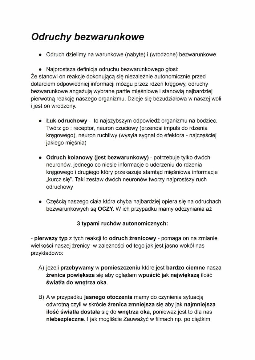Odruchy bezwarunkowe
• Odruch dzielimy na warunkowe (nabyte) i (wrodzone) bezwarunkowe
• Najprostsza definicja odruchu bezwarunkowego głosi:
