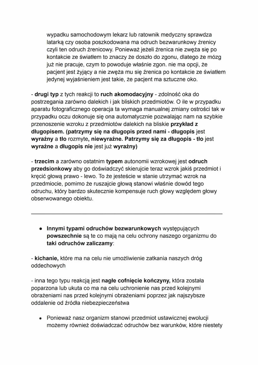 Odruchy bezwarunkowe
• Odruch dzielimy na warunkowe (nabyte) i (wrodzone) bezwarunkowe
• Najprostsza definicja odruchu bezwarunkowego głosi: