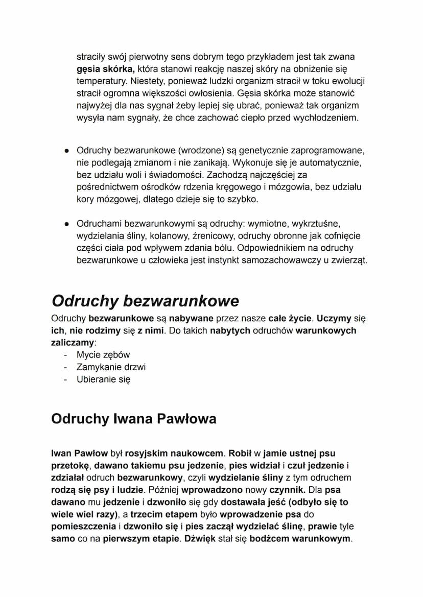 Odruchy bezwarunkowe
• Odruch dzielimy na warunkowe (nabyte) i (wrodzone) bezwarunkowe
• Najprostsza definicja odruchu bezwarunkowego głosi: