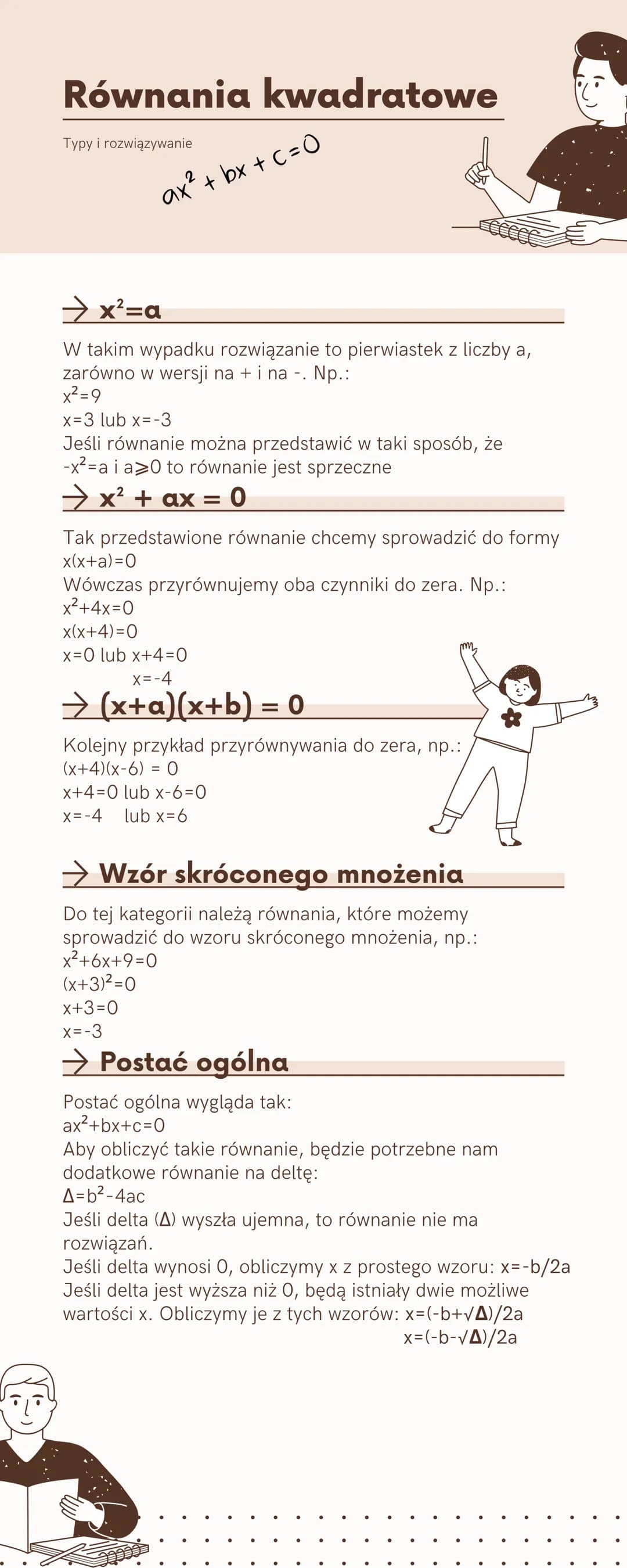 Równania kwadratowe
Typy i rozwiązywanie
ax² + bx + c = 0
→x²=a
W takim wypadku rozwiązanie to pierwiastek z liczby a,
zarówno w wersji na +