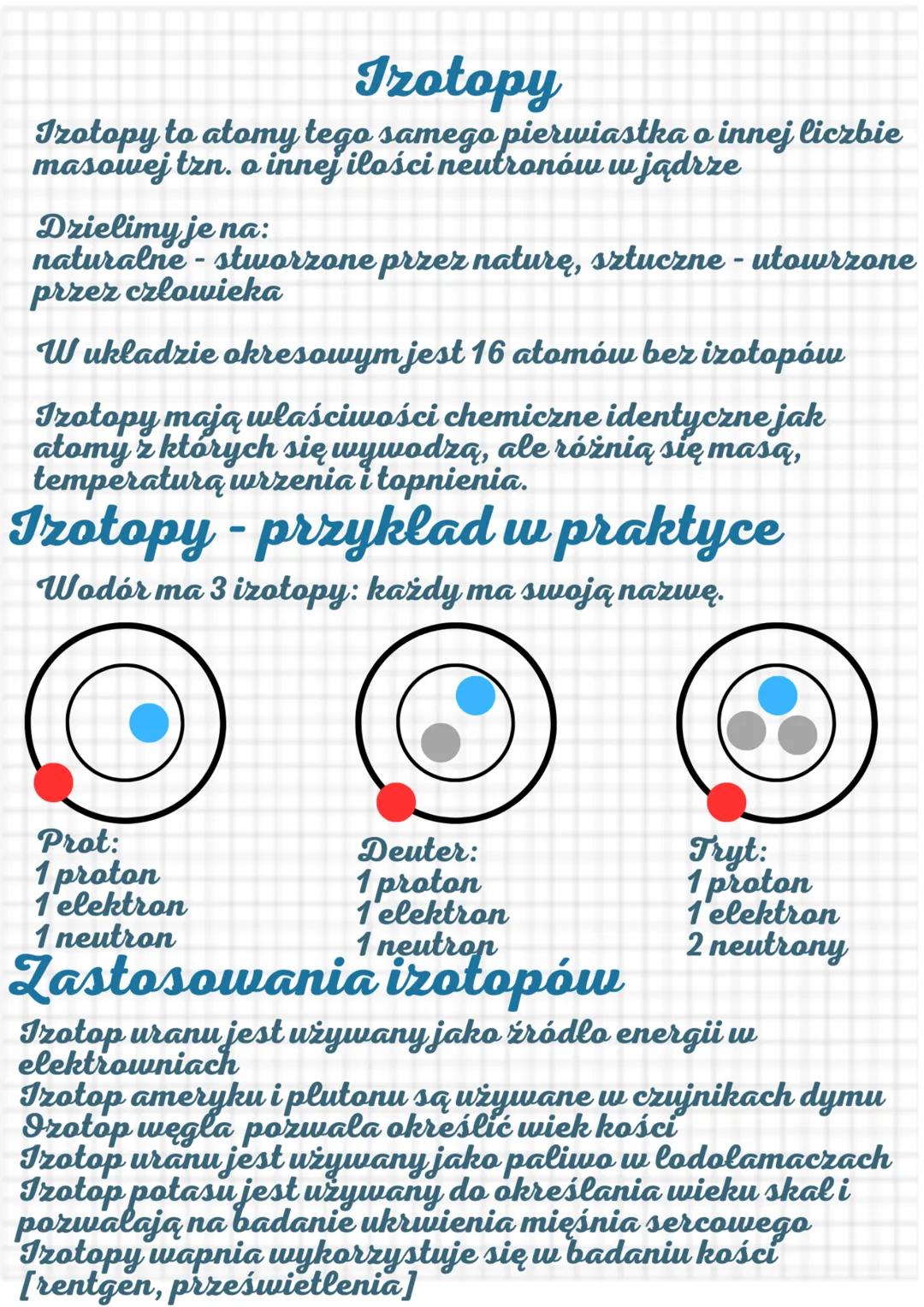 Izotopy
Izotopy to atomy tego samego pierwiastka o innej liczbie
masowej tzn. o innej ilości neutronów w jądrze
Dzielimy je na:
naturalne - 