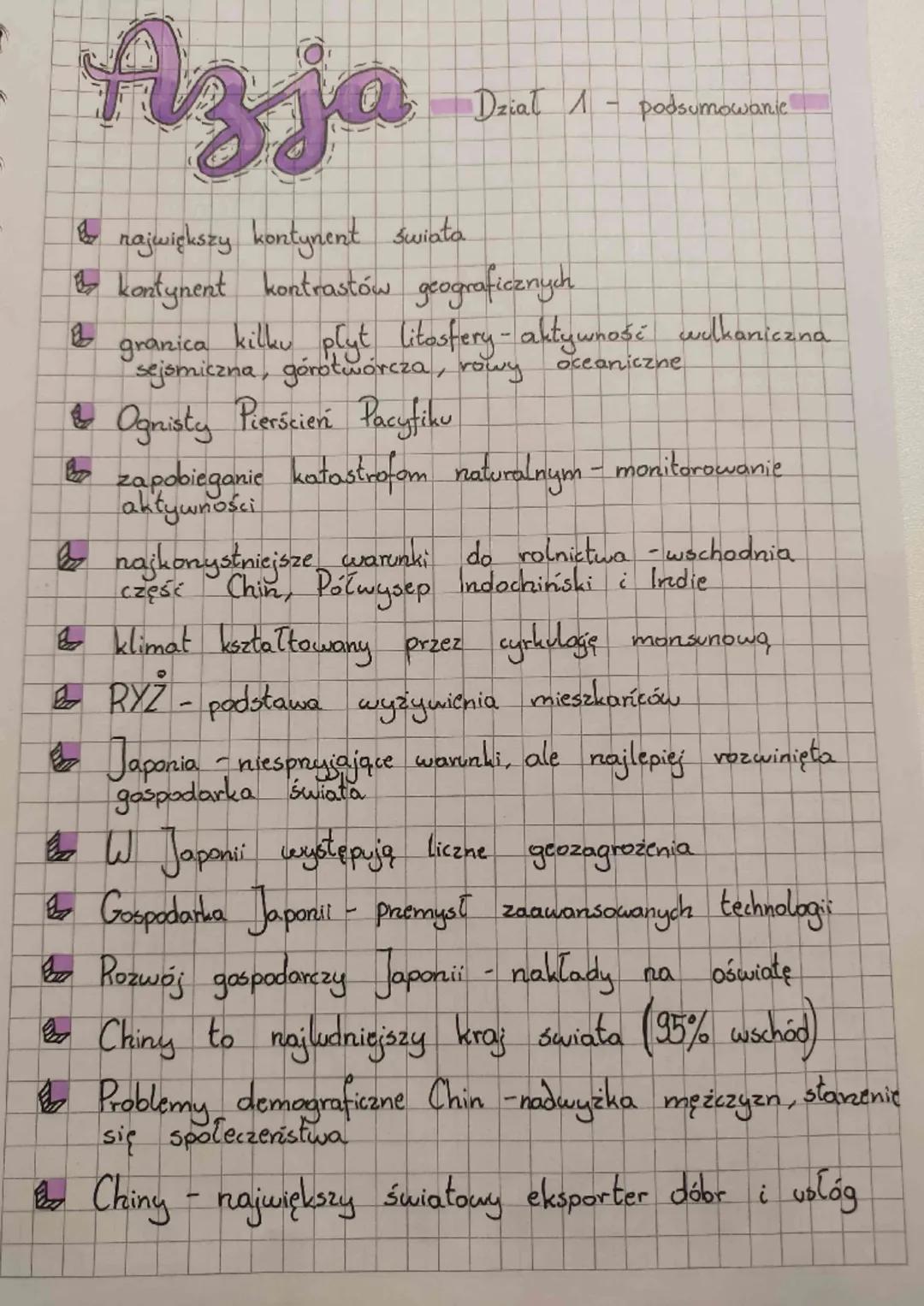 Azja
& rajwiększy kontynent swiata
& kontynent kontrastów geograficznych
Dział 1
podsumowanie
granica
kilku plyt litasfery - aktywność wulka