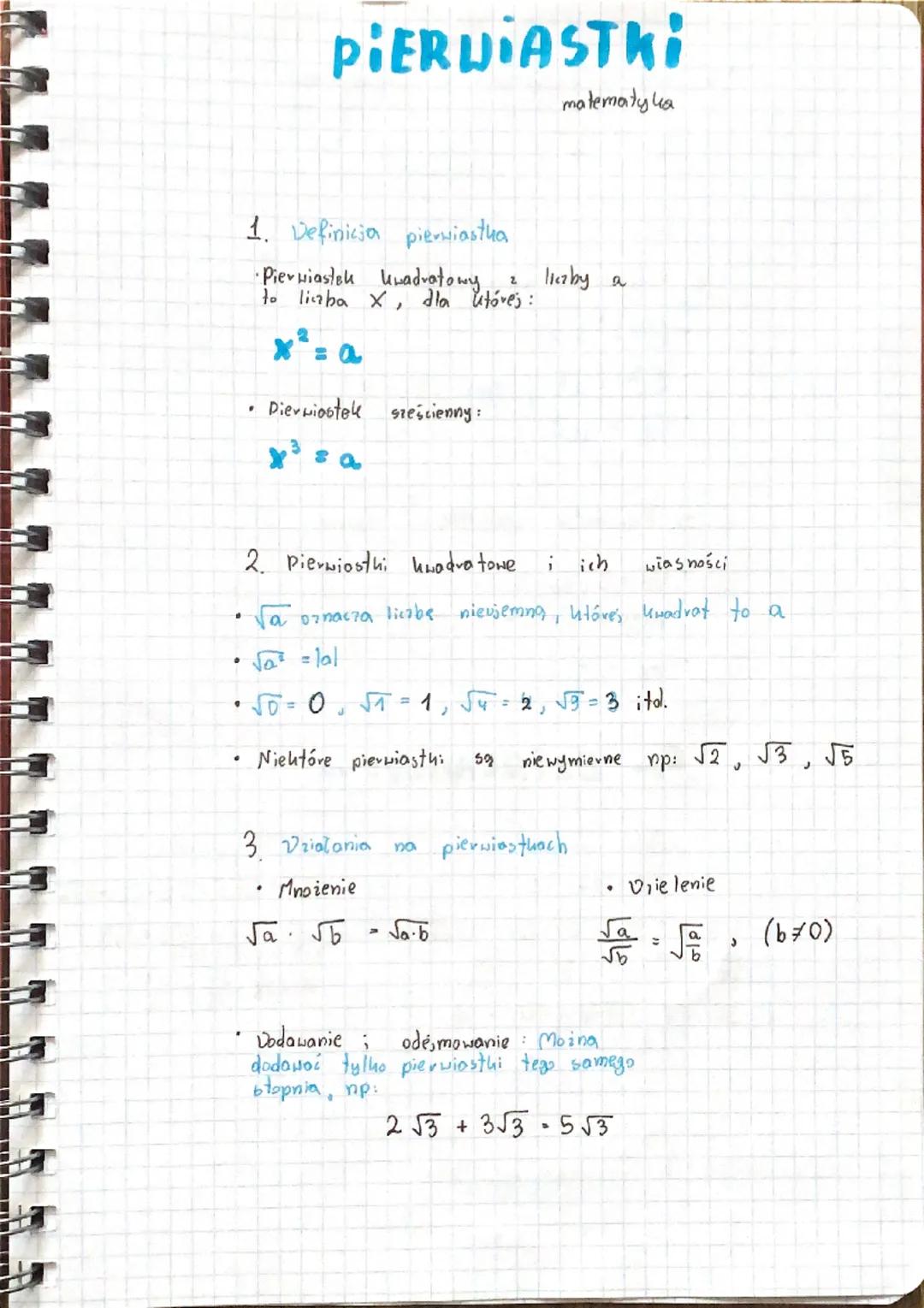 PIERWIASTKI
matematyka
1. Definicja pierwiastka
Pierwiastek kwadratowy liczby a
to liczba x, dla której:
$x^2 = a$
Pierwiastek sześcienny:
$