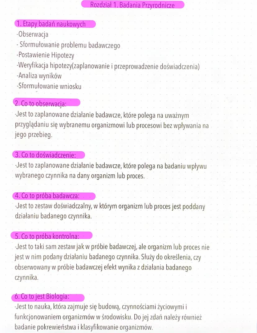 Rozdział 1. Badania Przyrodnicze
1. Etapy badań naukowych
-Obserwacja
-Sformułowanie problemu badawczego.
-Postawienie Hipotezy
-Weryfikacja