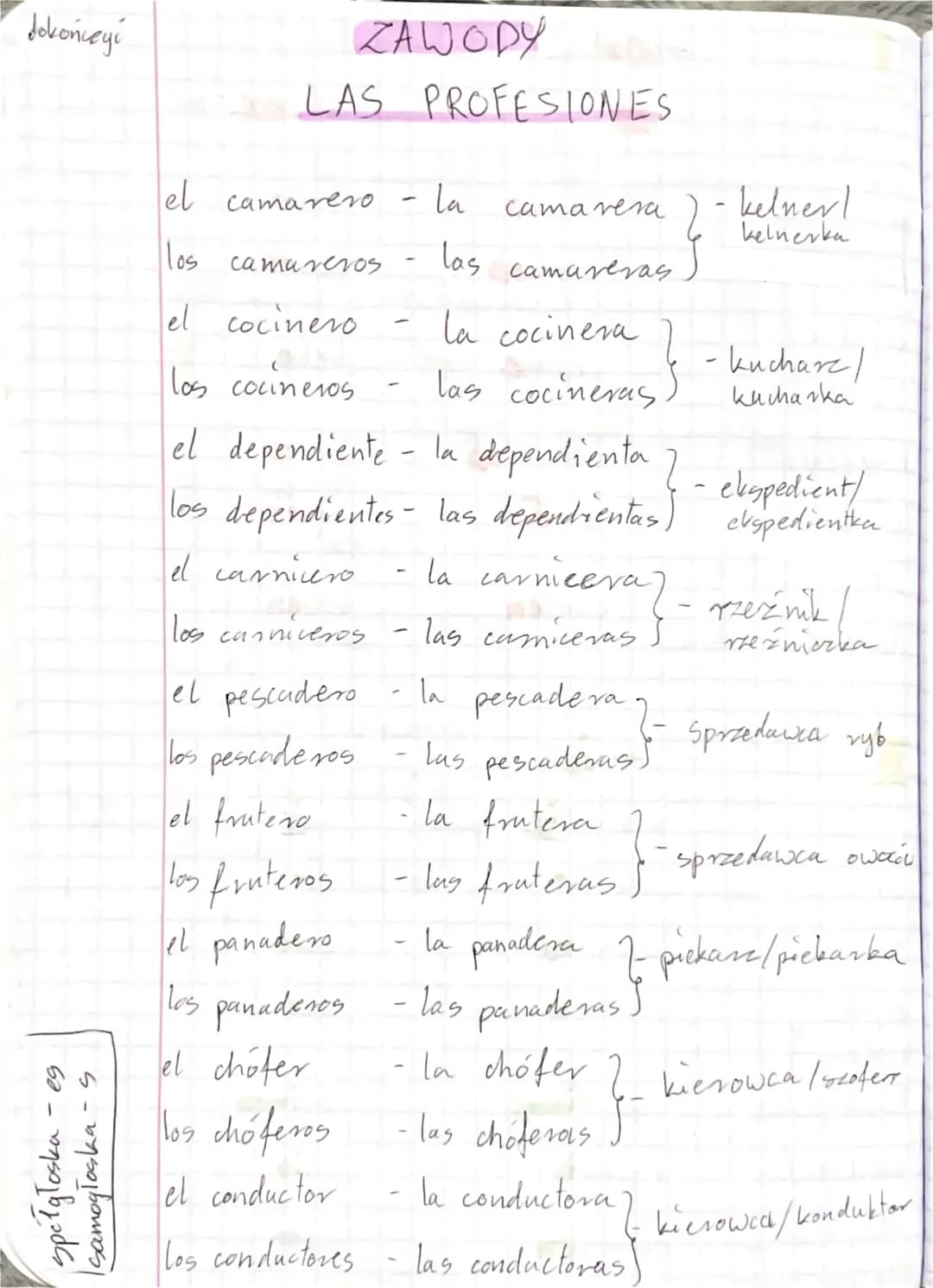 Jokońieyi
- eg
-S
Spetgloska
samogłoska
ZAWODY
LAS PROFESIONES
el camarero - la camarera
los camareros
las
el cocinero
los cocineros
el depe