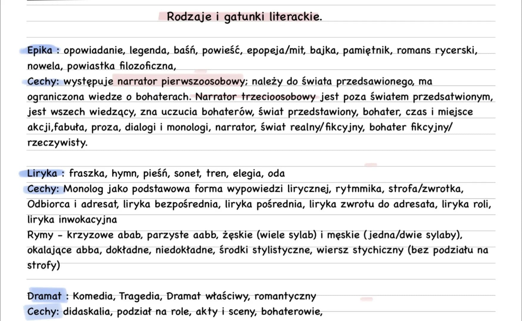 Rodzaje i gatunki literackie.
Epika opowiadanie, legenda, baśń, powieść, epopeja/mit, bajka, pamiętnik, romans rycerski,
nowela, powiastka f