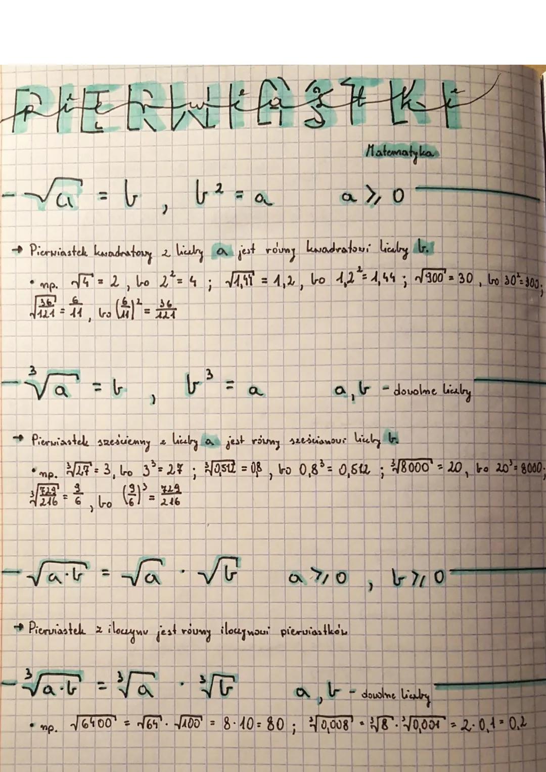 FIERWIASH hh x
Matematyka
-√₁₁² = 6 | ² = a
3
Va
→ Pierwiastek kwadratowy 2 liceby a jest równy kwadratowi liceby b.
mp.
√ 4² = 2₁60 2² = 4;