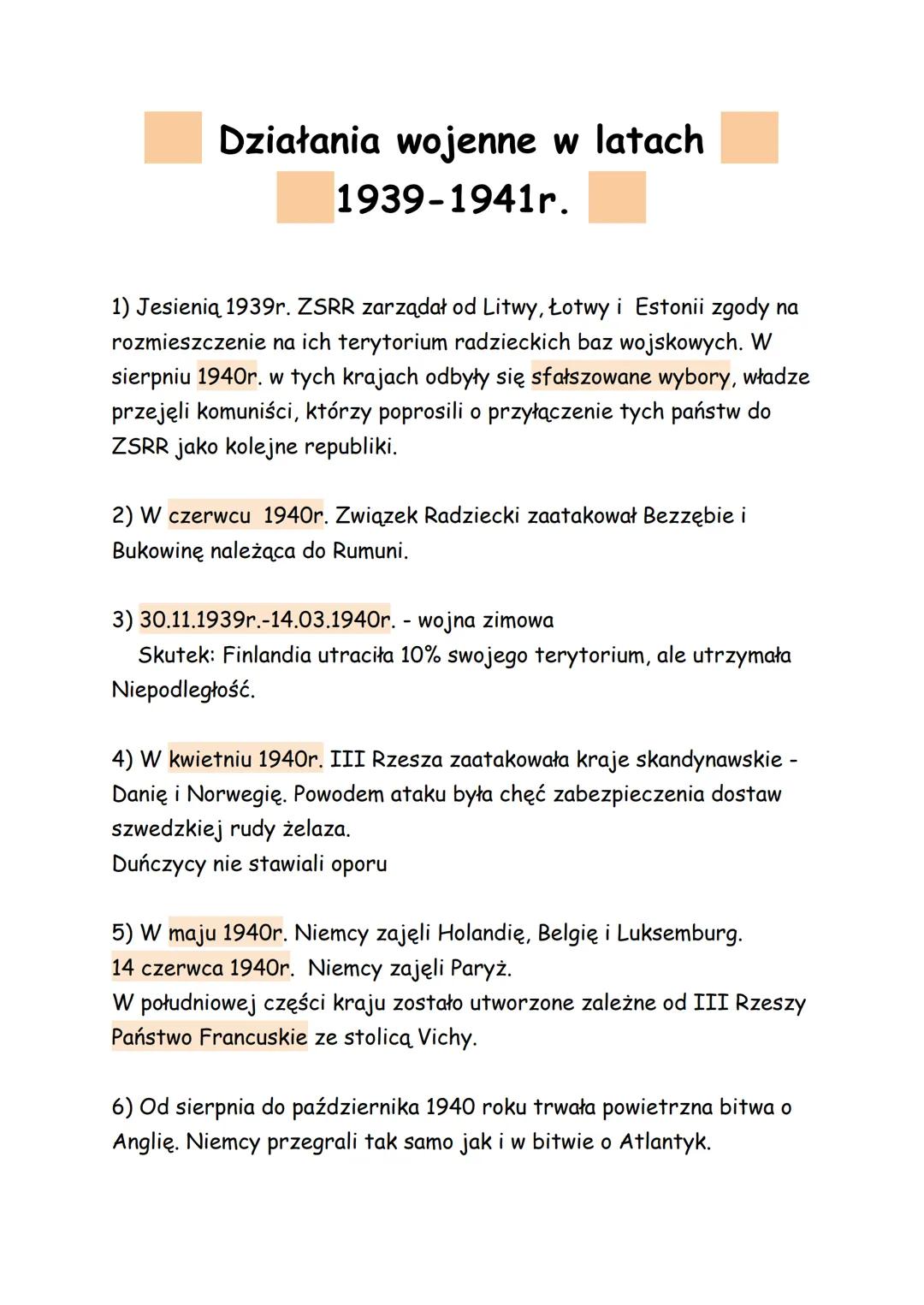 Działania wojenne w latach
1939-1941r.
1) Jesienią 1939r. ZSRR zarządał od Litwy, Łotwy i Estonii zgody na
rozmieszczenie na ich terytorium 