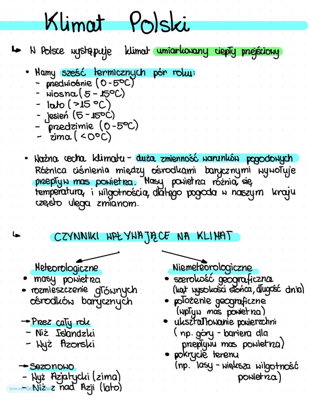 Klimat Polski
↳ N Polsce wystąpuje klimat umiarkiowany ciepły przejściowy
• Mamy sześć termicznych pór role:
predwiośnie (0-5°C)
wiosna (5-1