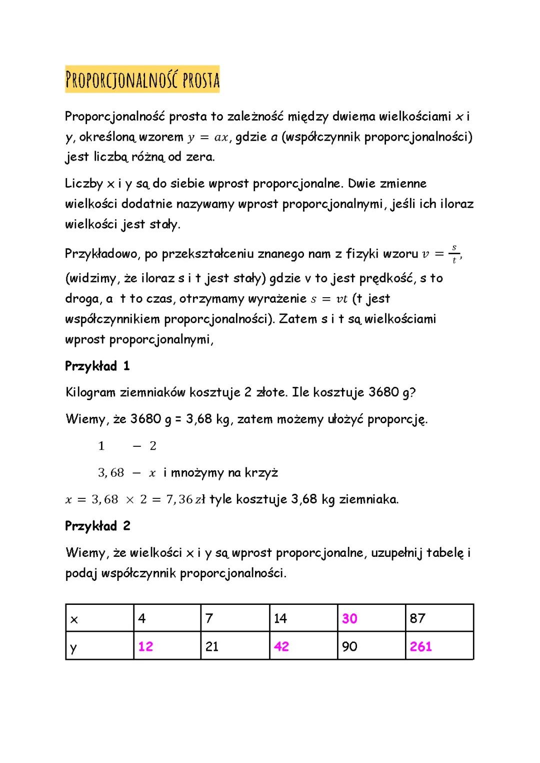 Proporcjonalność Prosta Klasa 7 i Klasa 8: Definicja, Wzór, Zadania PDF