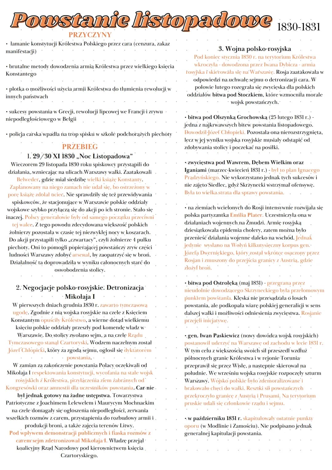 Powstanie listopadowe 1830-1831
PRZYCZYNY
• łamanie konstytucji Królestwa Polskiego przez cara (cenzura, zakaz
manifestacji)
• brutalne meto