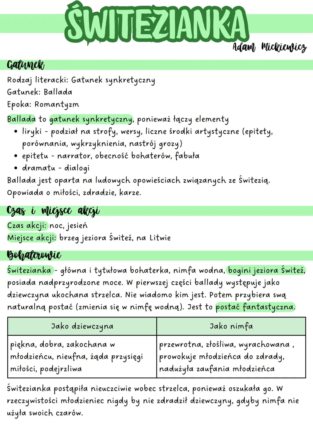 SWITEZIANKA
Adam Mickiewicz
Gatunek
Rodzaj literacki: Gatunek synkretyczny
Gatunek: Ballada
Epoka: Romantyzm
Ballada to gatunek synkretyczny