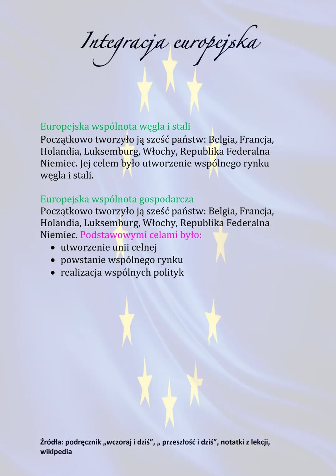 Integracja europejska
Integracja może odbywać się między osobami, grupami
społecznymi, mniejszościami narodowymi, państwami. Po
II wojnie św