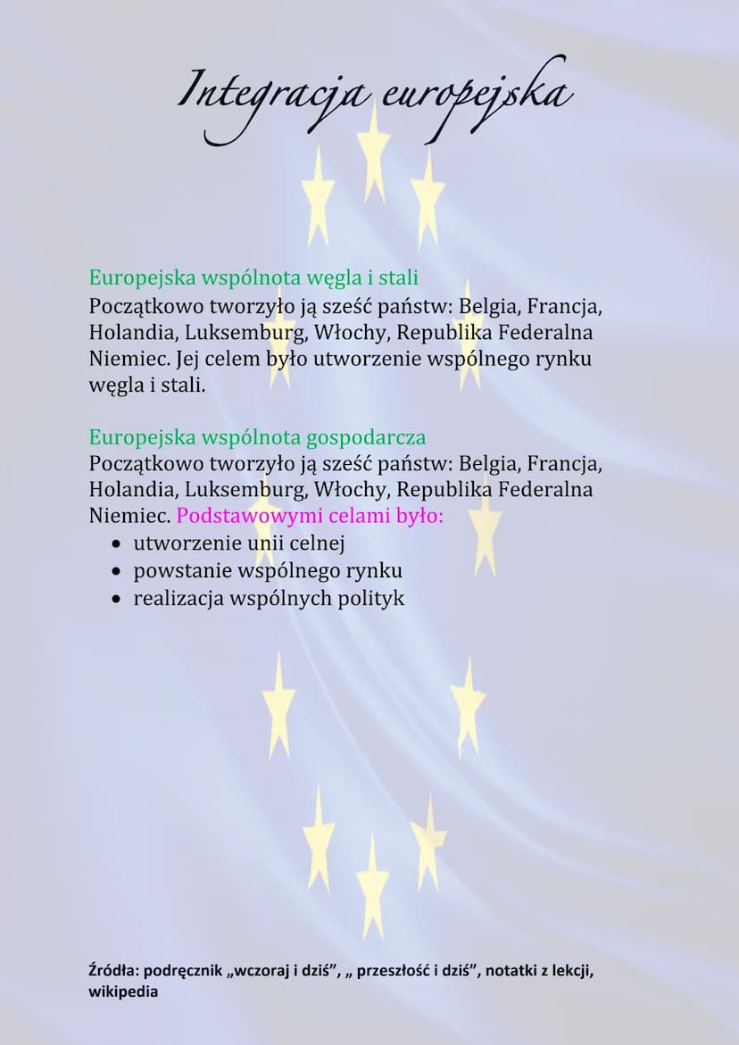 Integracja europejska
Integracja może odbywać się między osobami, grupami
społecznymi, mniejszościami narodowymi, państwami. Po
II wojnie św