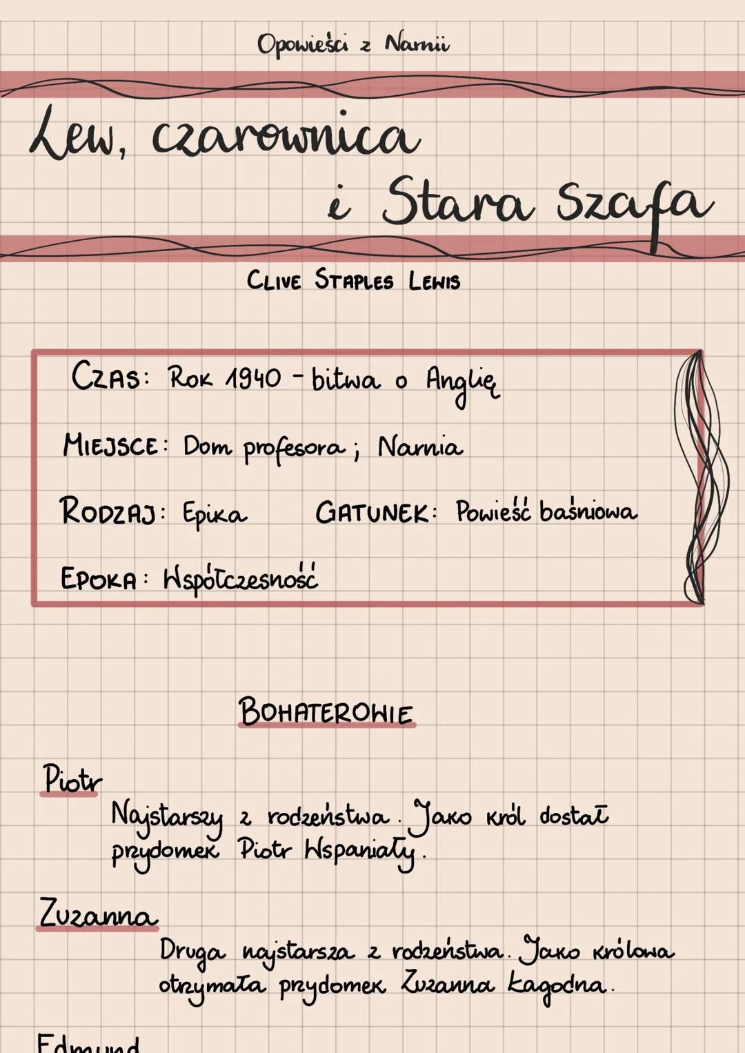 # Opowieści z Narnii

# Lew, czarownica

## i Stara Szafa

CLIVE STAPLES LEWIS

CZAS: Rok 1940 - bitwa o Anglią

MIEJSCE: Dom profesora; Nar